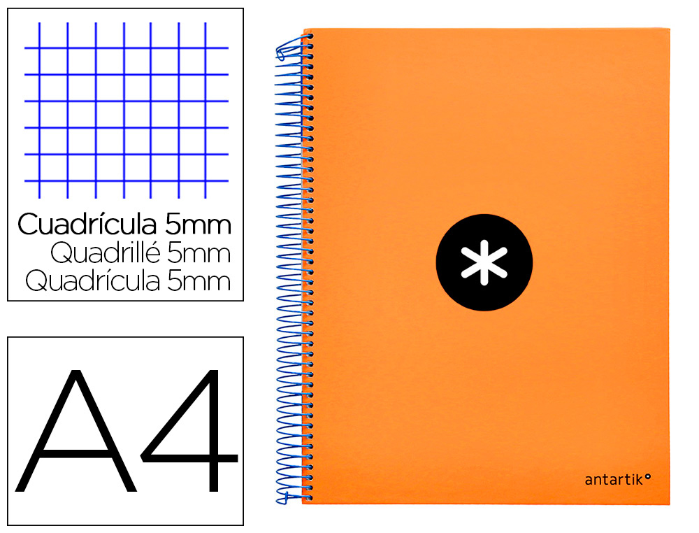 CAHIER SPIRALE LIDERPAPEL ANTARTIK A4 240P 100G COUVERTURE REMBORDE QUADRILLAGE 5MM 4 TROUS COIL-LOCK ORANGE FLUO